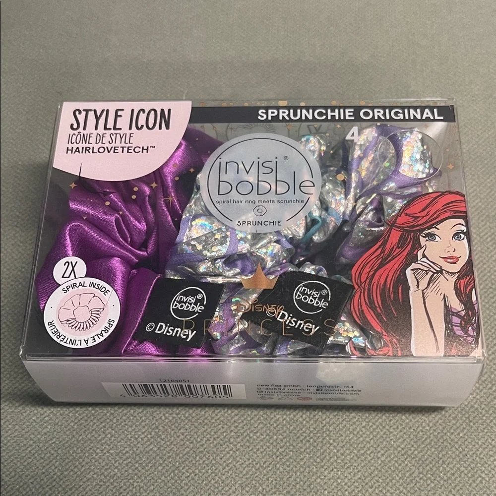 BNIB DISNEY INVISIBOBBLE STYLE ICON ARIEL PRINCESS 2 SCRUNCHIES PURPLE & SPARKLE